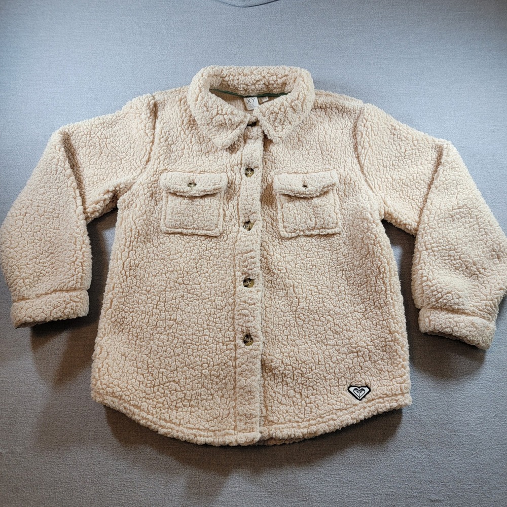 Roxy Sherpa Shacket Girls L 14/16 Beige Excellent Faux Fur Fleece Button Jacket
